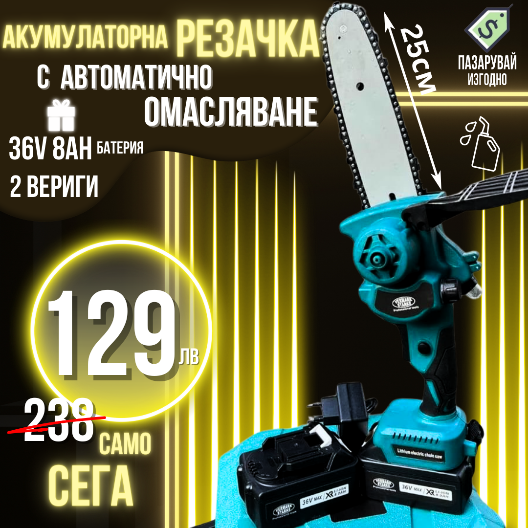 Акумулаторна Резачка за клони 36v 8Ah с 25см. шина с Автоматично омасляване + две вериги